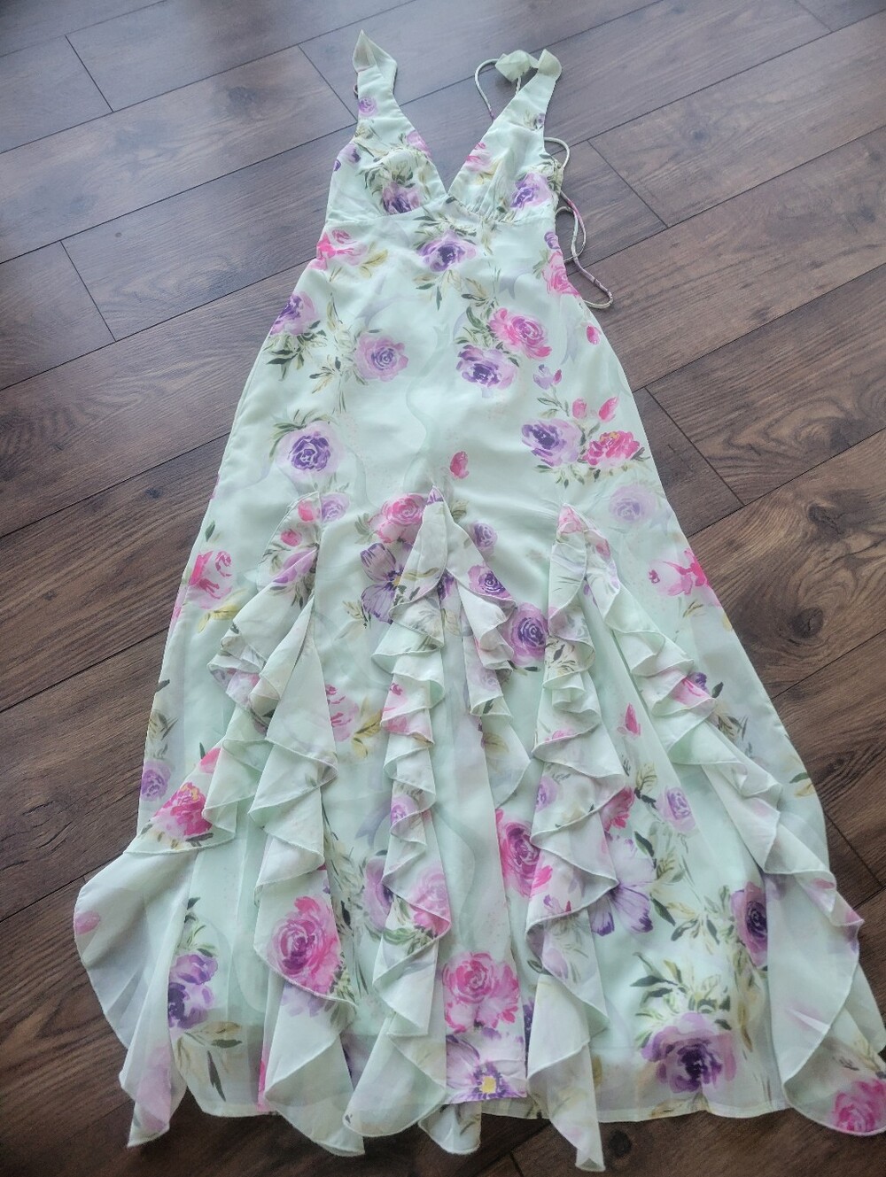 Mint Green Floral Ruffle Maxi Dress Strappy Back Romantic Garden Party Dress 8 - Picture 4 of 8